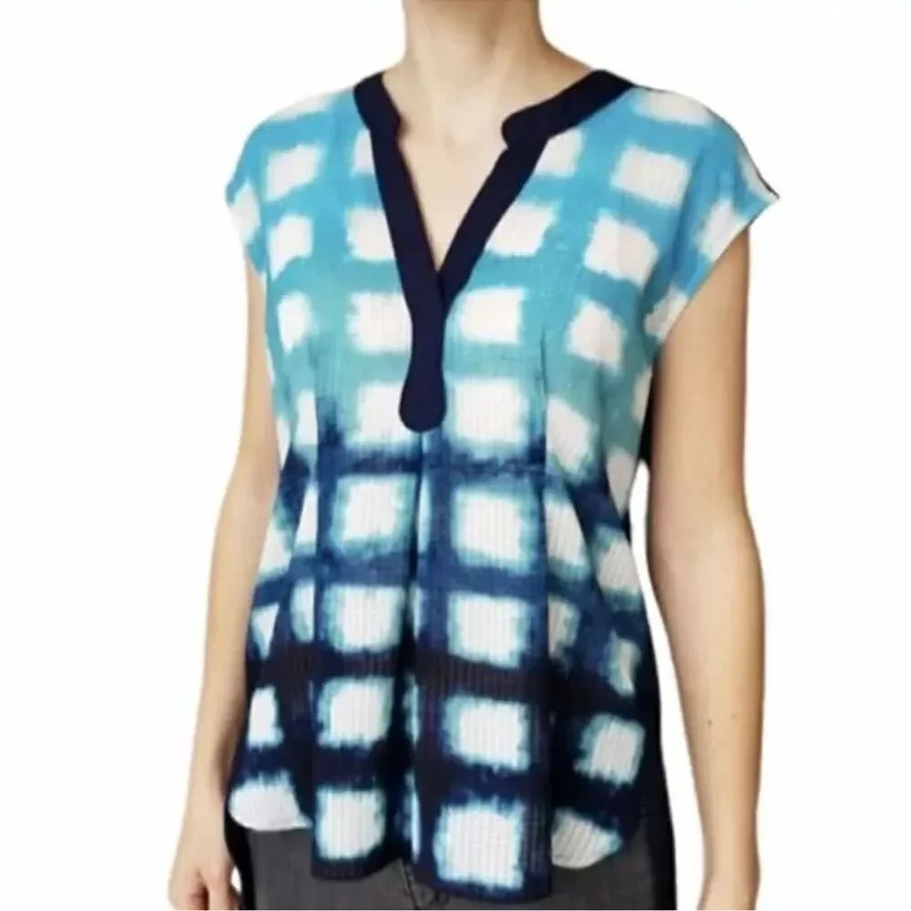 Anthropologie Postmark Egress Split Neck Blue Tunic Top Shirt Tank Women’s Large